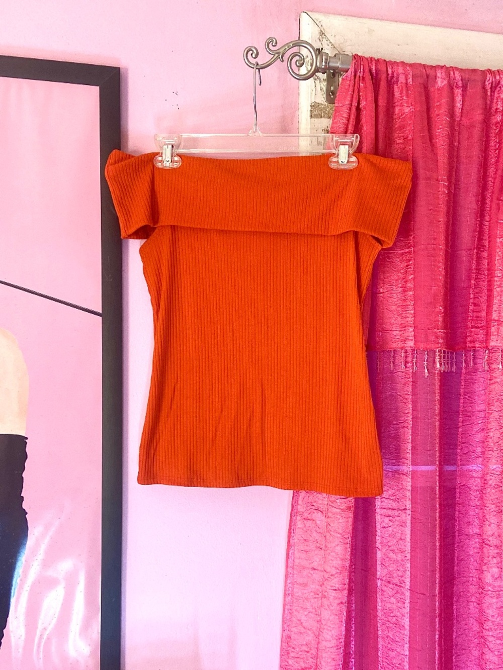 Red-Orange Bardot Top Contempo Off-The-Shoulder Ribbed Slim-Fit  Women’s Medium